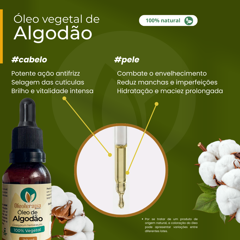 Óleo de Algodão - 100% vegetal uso capilar e corporal