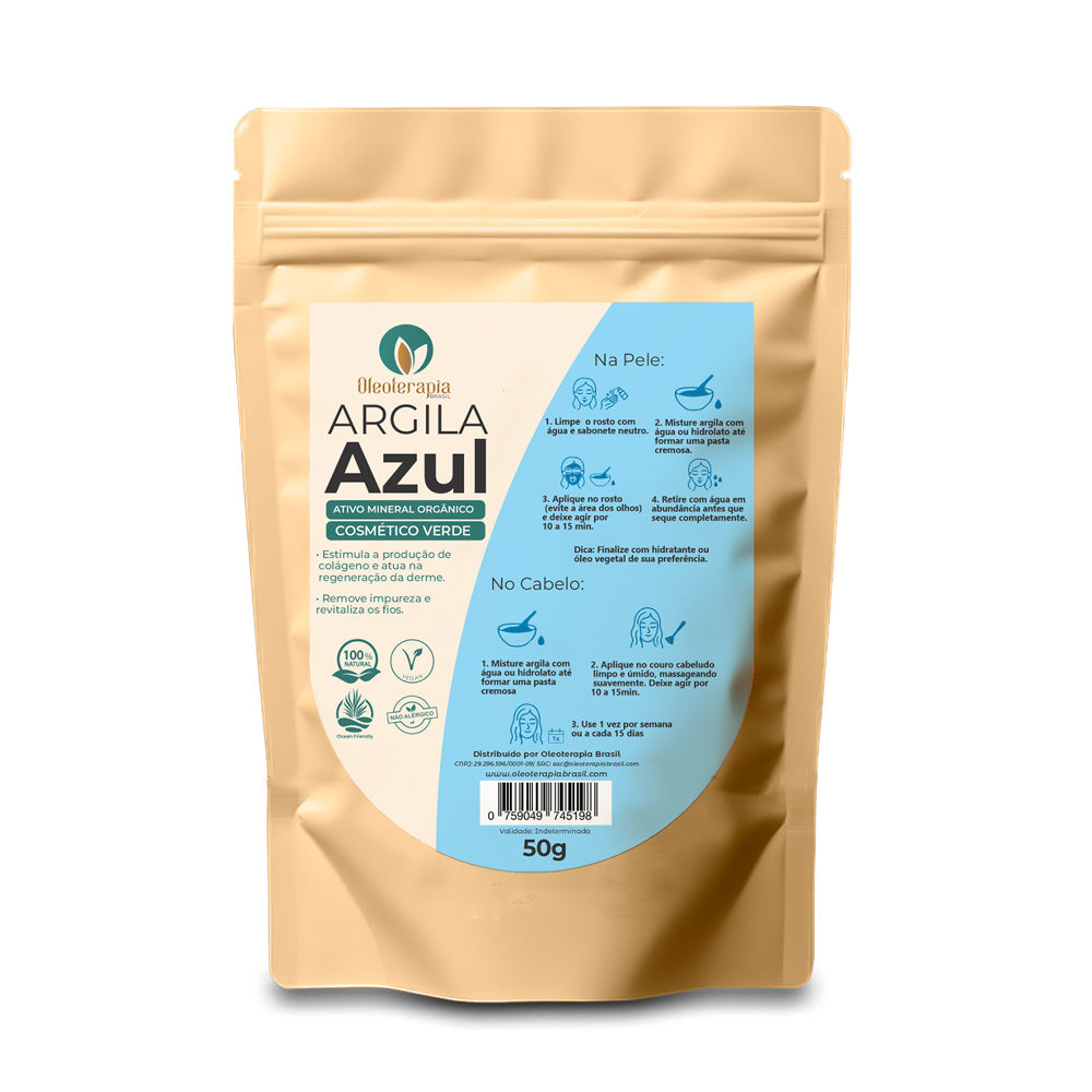 Argila Azul 50g - 100% natural - Uso cosmético/rosto, cabelo e corpo