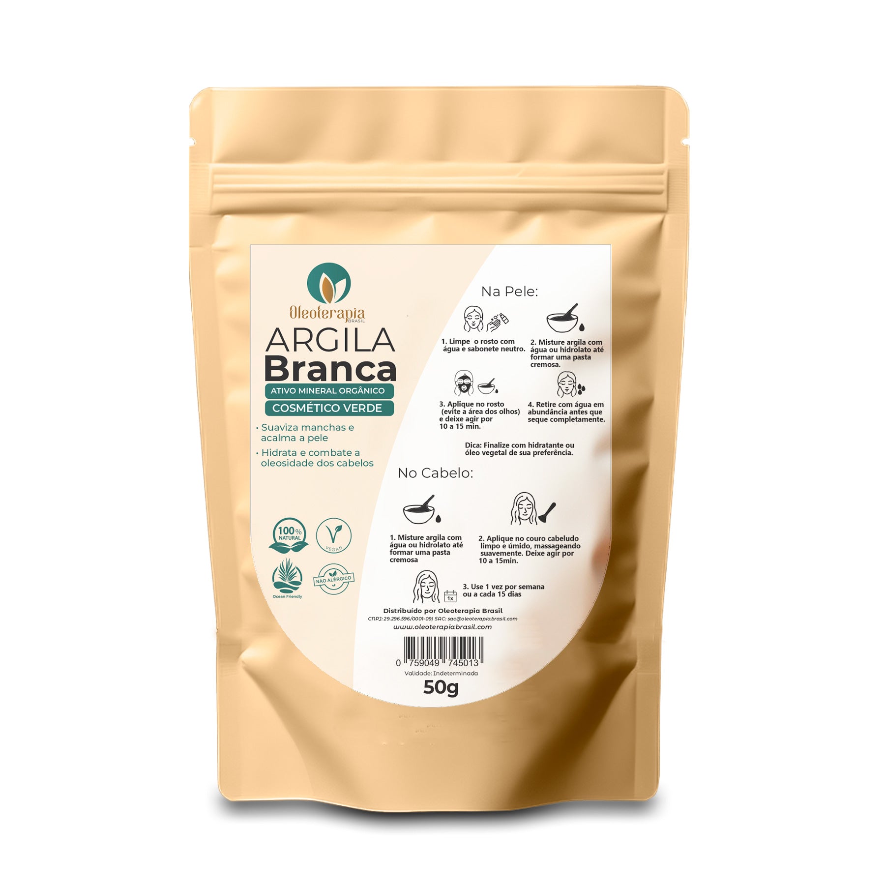 Argila Branca 50g - 100% natural - Uso cosmético/rosto, cabelo e corpo