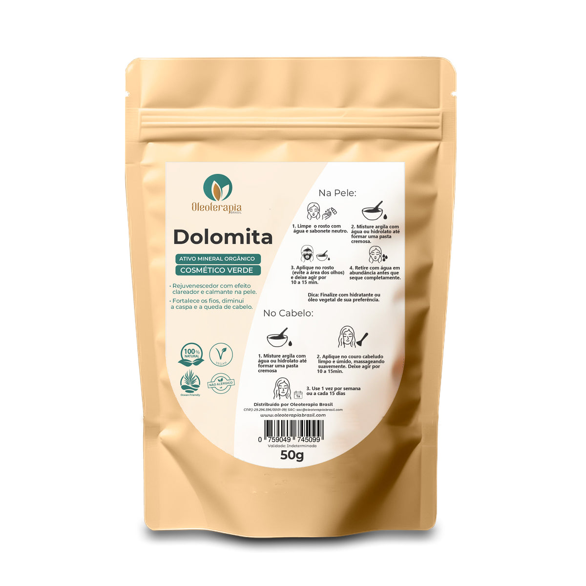 Dolomita em pó 50g - 100% natural - Uso cosmético/rosto, cabelo e corpo